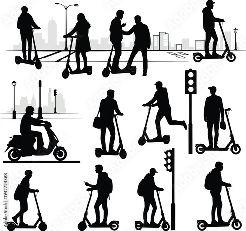 Silhouettes of people using electric scooters and mopeds in an urban cityscape, promoting modern urban mobility.