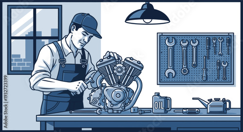 Illustration of a mechanic working on a motorcycle engine at a workbench in a garage, with tools and oil can on the table, and a pegboard behind. Blue and white tones evoke a classic, clean aesthetic.