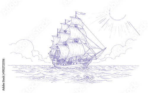 Sailing ship on rough sea illustration vector art