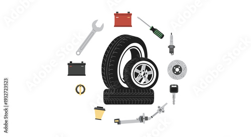 Stack of car tires centrally placed, encircled by various automotive parts.