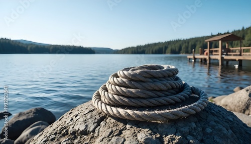 Coiled Rope on Rock by Lake with Wooden Dock and Forest Background