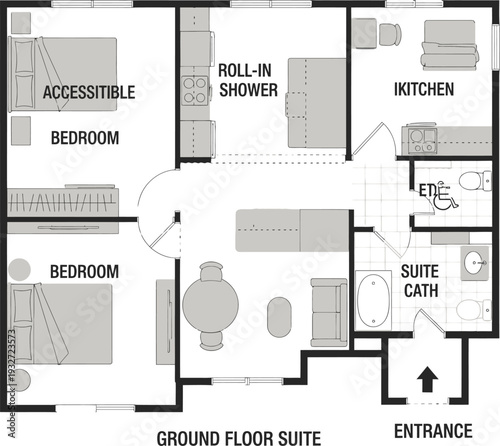 Accessible ground floor suite floor plan with two bedrooms, roll-in shower, and kitchen, designed for comfort and ease.