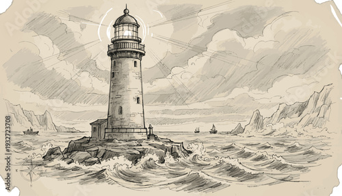 Lighthouse on rocky coast illustration vector drawing