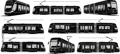 Collection of modern tram and streetcar silhouettes, showcasing public transportation in urban environments.