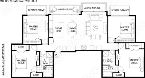 Multigenerational 1200 sq ft home floor plan with four master suites, designed for aging-in-place and shared living.