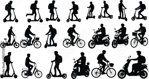 Diverse collection of silhouette icons for personal electric mobility: scooters, bikes, mopeds, and motorcycles.