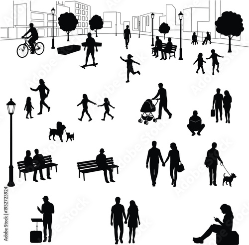 Silhouette collection of people enjoying a day in the park, including cyclists, skaters, families with strollers, couples, and individuals relaxing on benches.
