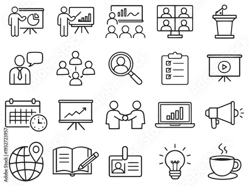business seminar and presentation icon set, minimal outline corporate symbols