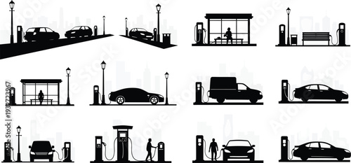 Collection of black and white silhouette icons depicting cars and people at gas stations and bus stops, representing urban transportation and refueling.