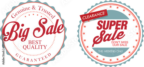 Two red and white sale stickers on a white background