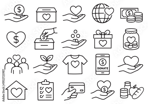 donation and philanthropy icon set, minimal outline heart money symbols