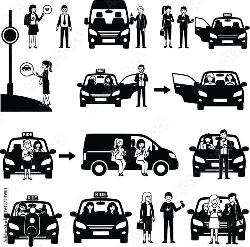 Silhouettes illustrating ride-sharing and taxi services, showing passengers getting into cars, vans, and scooters with drivers providing rides.