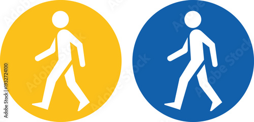 Two pedestrian signs on a yellow and blue background.