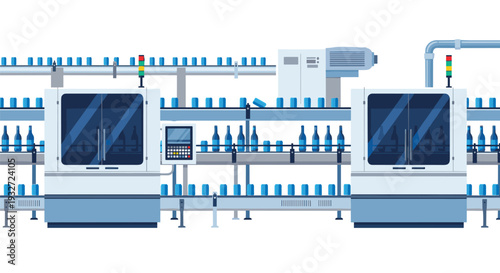Factory production line with two machines processing blue bottles and cans.