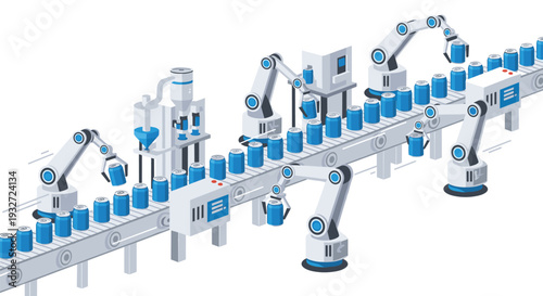 Multiple robotic arms handle blue cans on complex conveyor belts in factory.