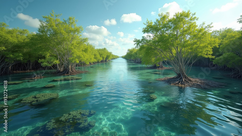 Mangrove restoration: coastal trees replanting with carbon sequestration and storm protection, blue carbon ecosystem
