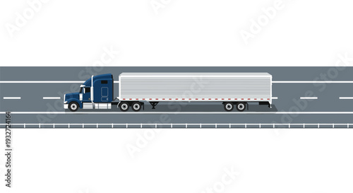 A blue semi-truck with a white cargo trailer drives along a grey highway with dashed white lines, presented against a clean white background.