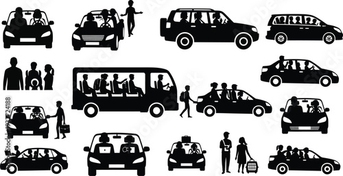 Collection of black and white silhouettes showing various ways people use cars, including families, solo drivers, carpooling, and individuals traveling with luggage.