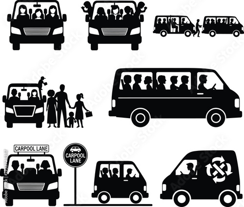 Carpooling and Shared Commutes: Icons of People Traveling Together in Cars, Minivans, and Public Transport