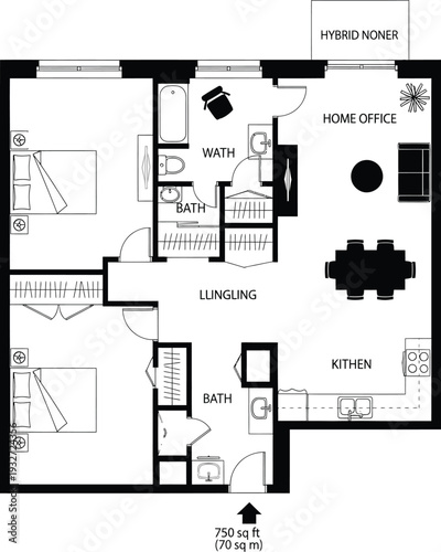 750 Sq Ft Two Bedroom Apartment Floor Plan with Home Office, Kitchen, and Bathroom Layout