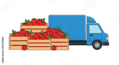 A blue delivery truck is parked next to three wooden crates heavily loaded with fresh red tomatoes, set against a clean white background.