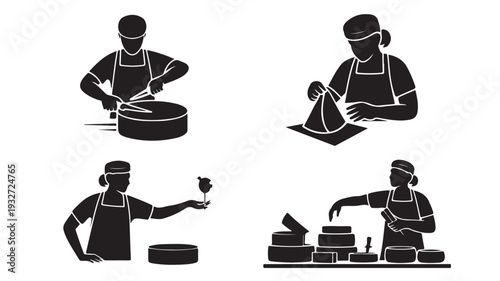 Chef Preparing Food Silhouettes in Monochromatic Style with High Contrast Lighting on White Background for Culinary Illustration