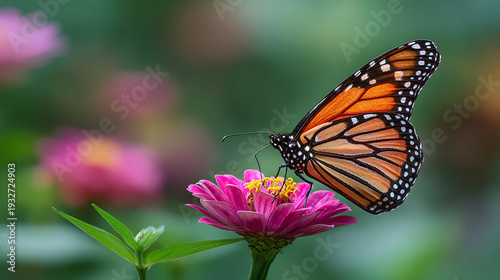 beautiful monarch butterfly on blooming pink zinnia flower in garden capturing nectar with patterned wings against soft bokeh and lush green foliage