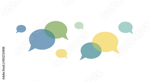 Translucent, overlapping speech bubbles in pastel blue, green, and yellow are gently scattered across a clean white background.