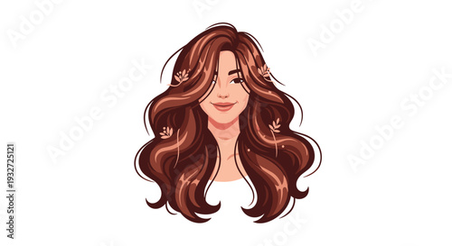 A stylized illustration of a smiling woman with long, wavy brown hair embellished with small leaves, looking forward on a clean white background.