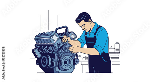 Illustrated mechanic is fixing a car engine in a garage setting, wearing overalls in a clean, bright, modern style, suitable for automotive repair concepts.