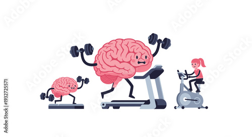 A whimsical illustration shows three anthropomorphic brains exercising, with a large brain on a treadmill and a smaller one lifting weights, plus a tiny figure on a bike, all on white.