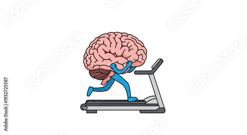 A distinct illustration of a large anthropomorphic brain with blue limbs actively running on a grey treadmill, isolated on a plain white background.