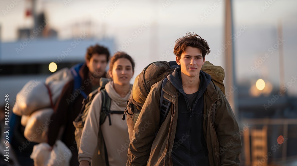 custom made wallpaper toronto digitalRefugee family arriving at a border crossing carrying essential belongings in bags and backpacks at dawn, perfect for refugee crisis awareness, displacement concept, humanitarian aid, migration