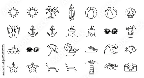 Collection of hand-drawn summer icons representing beach vacation and travel elements.