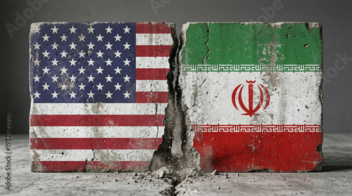 Torn concrete block with USA and Iran flags on each side
