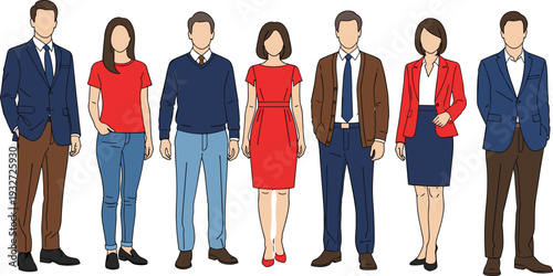 Diverse group of men and women in colorful casual and business outfits, line art fashion figures, standing poses vector illustration, blank face templates