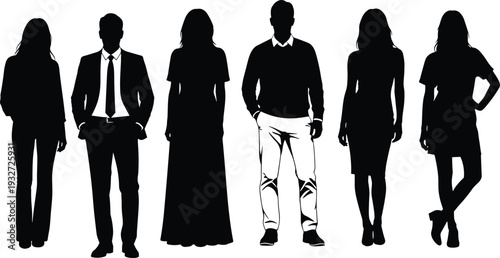 Diverse group of men and women in elegant formal and casual outfits, confident standing poses, black silhouette fashion figures vector illustration, blank faces
