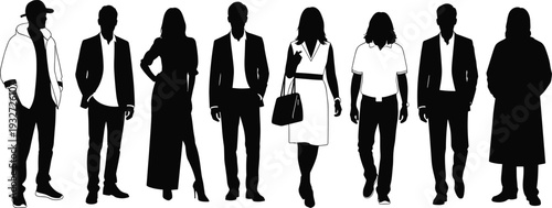 Diverse group of men and women in modern casual to formal outfits, stylish standing poses, black silhouette fashion figures vector illustration, blank faces