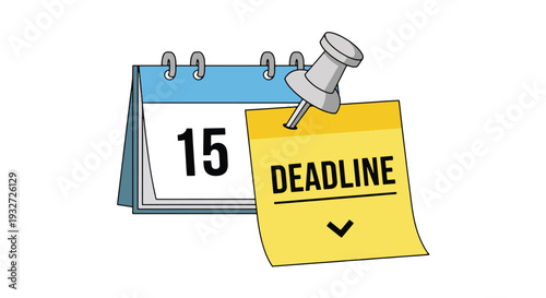 An illustration of a calendar page showing the 15th day, with a yellow sticky note pinned by a thumbtack, clearly indicating 'DEADLINE'.