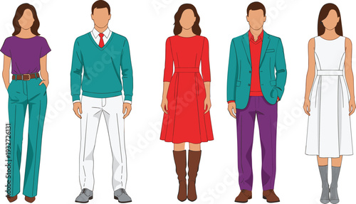 Diverse group of men and women in vibrant casual and semi-formal outfits, colorful line art fashion figures, standing poses vector illustration, blank faces