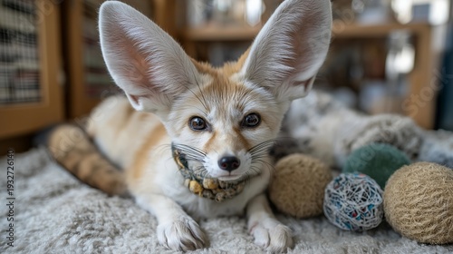 Fennec fox with enormous ears playing with toys in a specially prepared enrichment space at home, perfect for exotic pet lifestyle, fennec fox care, rare small mammal, unusual pet owner, modern
