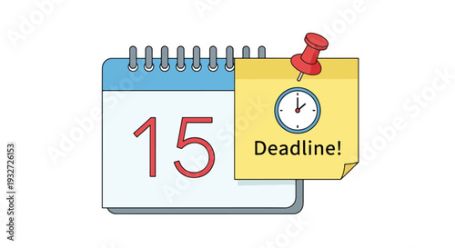 A calendar page showing the 15th day with a yellow sticky note pinned, indicating a deadline with a clock icon.