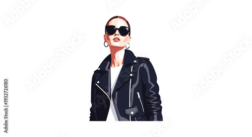 A stylish woman in a black leather jacket and sunglasses poses confidently.