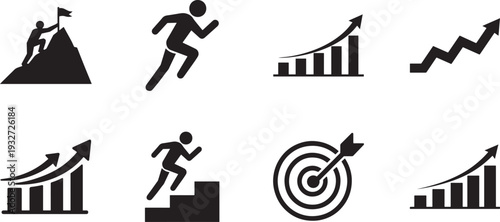 Business growth concept with people running and arrows showing success progress.
