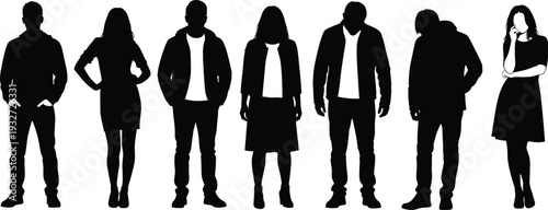 Diverse group of people black silhouettes standing in line various poses men women casual attitudes community diversity vector illustration, isolated background