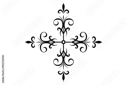 Ornate black fleur de lis cross decorative symbol with symmetrical scrollwork