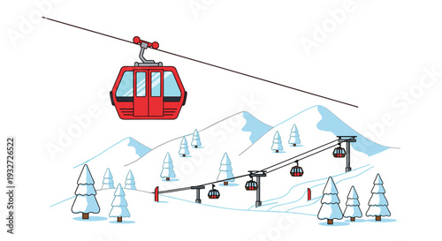 A red ski gondola moves across a snowy mountain with distant lifts.