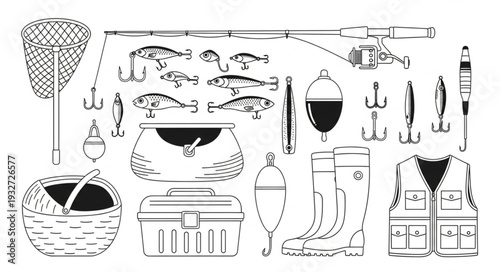 Fishing equipment illustration, including rod, net, tackle box, and other accessories.