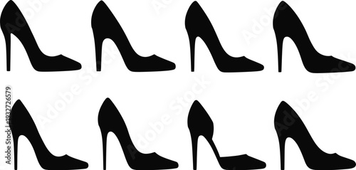 Black high heel shoe silhouettes, fashion footwear icons, elegant stiletto profiles, stylish women’s shoes, design collection, trendy fashion illustration artwork