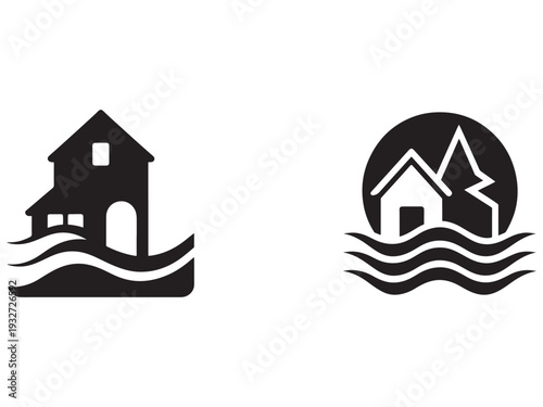 House flood disaster icons  flooded house symbol  stormy weather home damage signs  water flood house  natural disaster icons